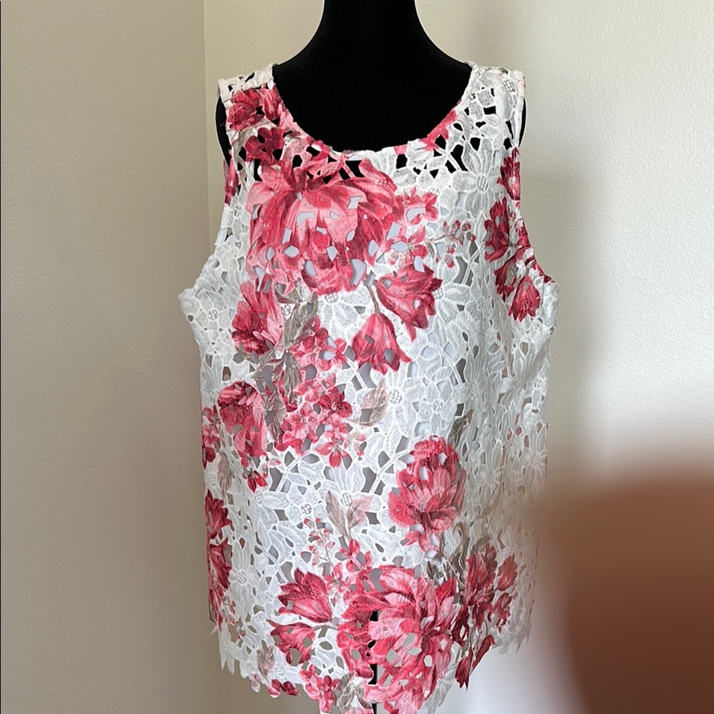 2 Piece-Floral Lace Sleeveless Top with white Camisole- Coral, Pink and White